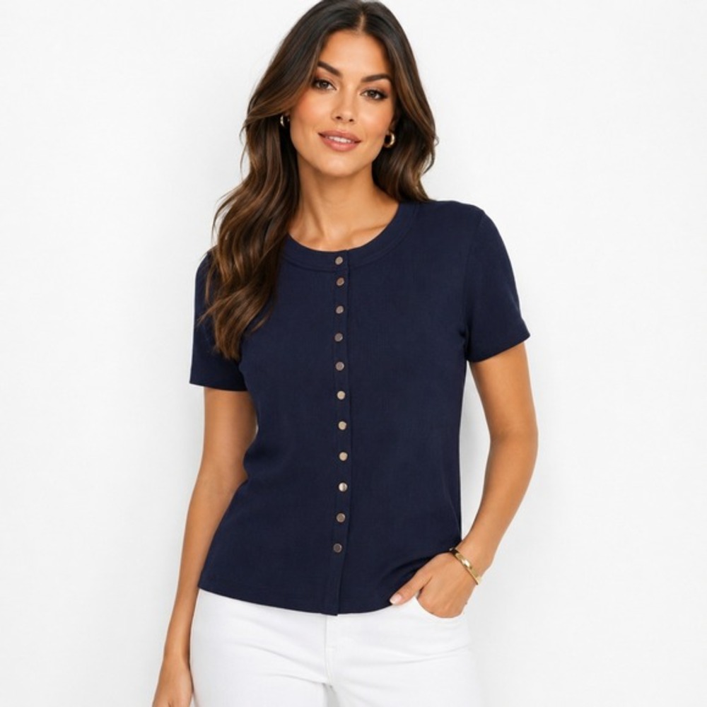 Design History Navy‎ Blue Ribbed Short Sleeve Button Front Cardigan Top XL NEW